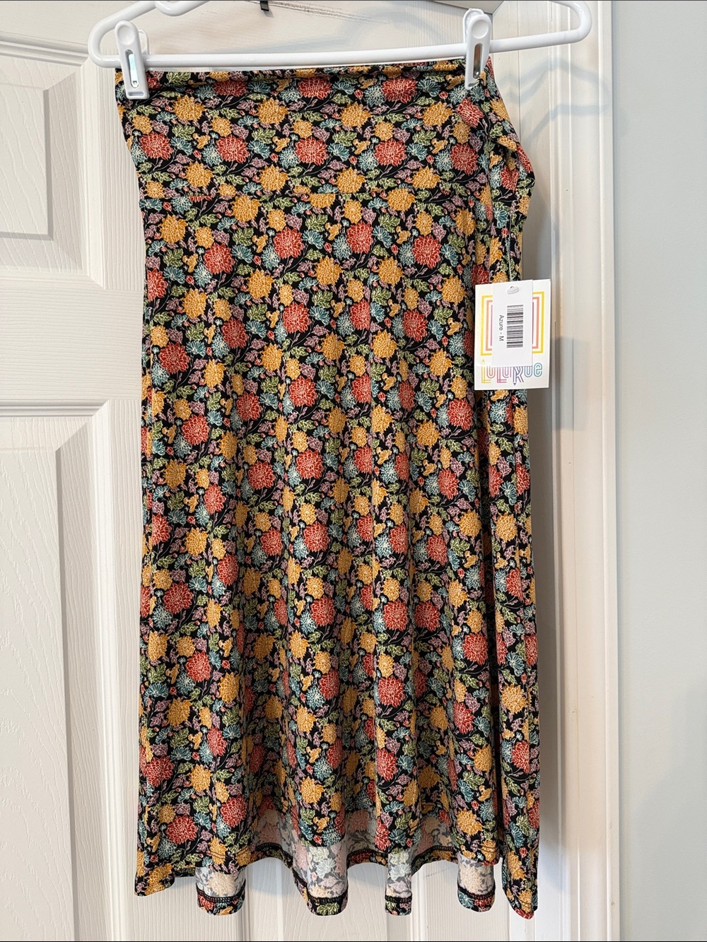 LuLaRoe Floral Midi Skirt in Black with Yellow, Coral & Green Flowers